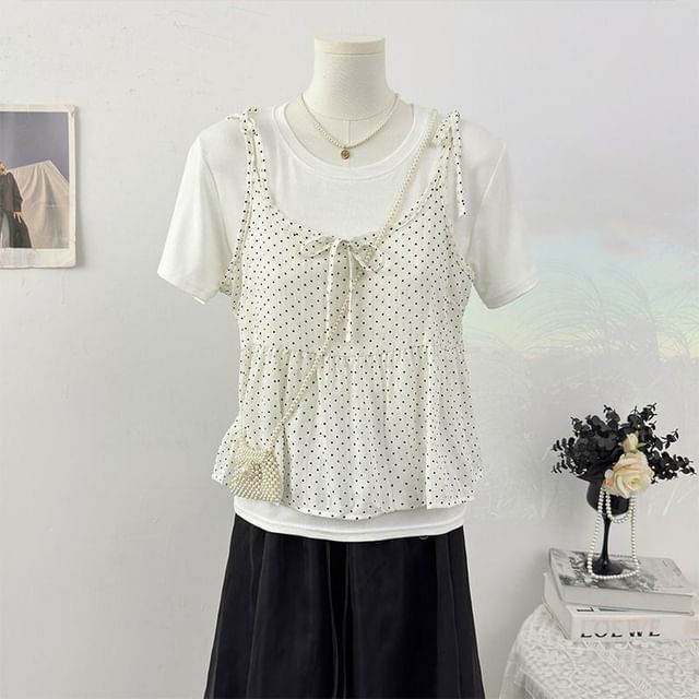 Crew Neck T-Shirt and Scoop Neck Micro Dot Camisole Set