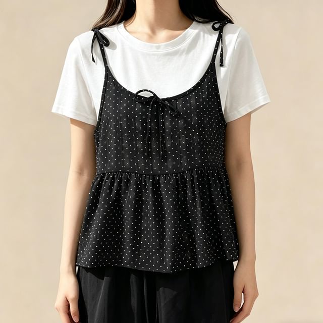 Crew Neck T-Shirt and Scoop Neck Micro Dot Camisole Set