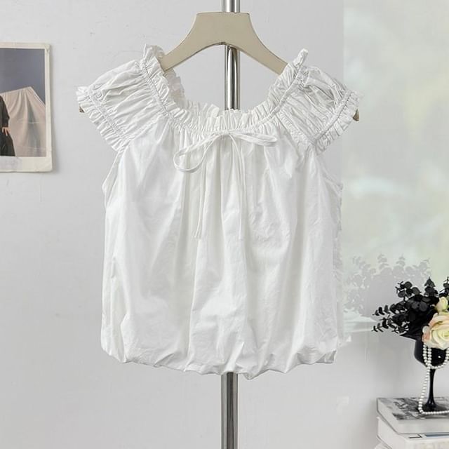 Off-Shoulder Frill Trim Bubble Hem Crop Blouse