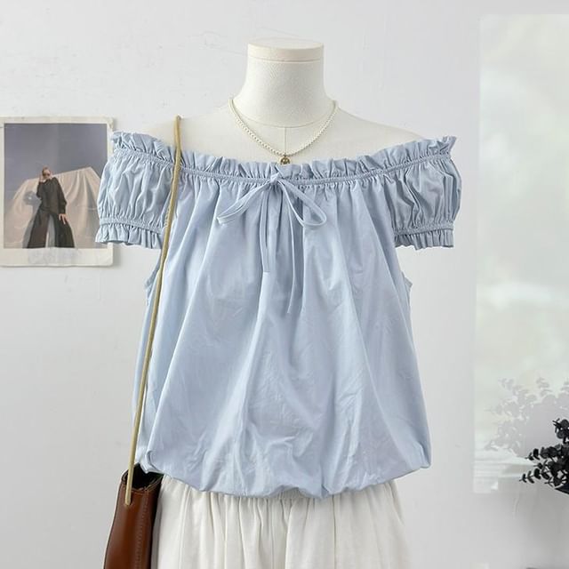 Off-Shoulder Frill Trim Bubble Hem Crop Blouse