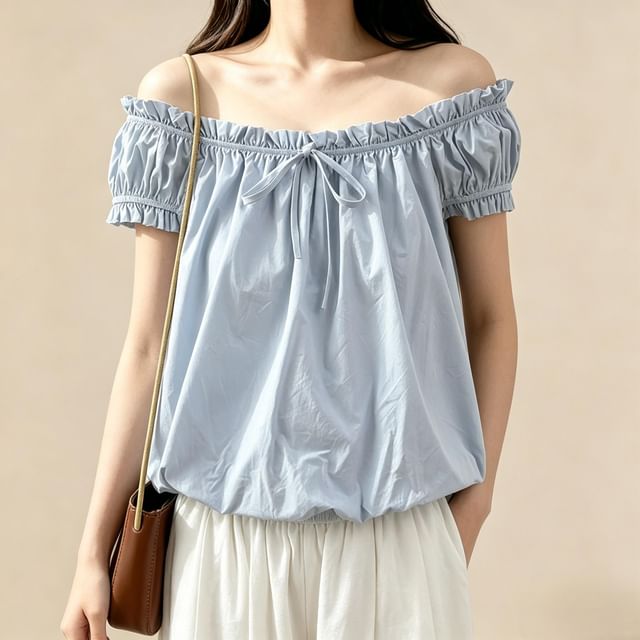 Off-Shoulder Frill Trim Bubble Hem Crop Blouse