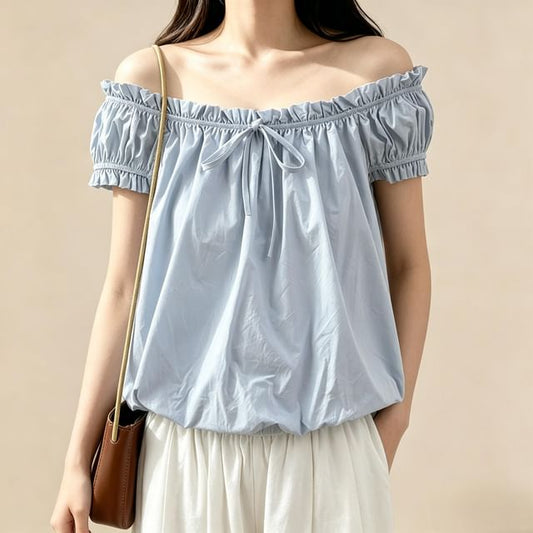 Off-Shoulder Frill Trim Bubble Hem Crop Blouse