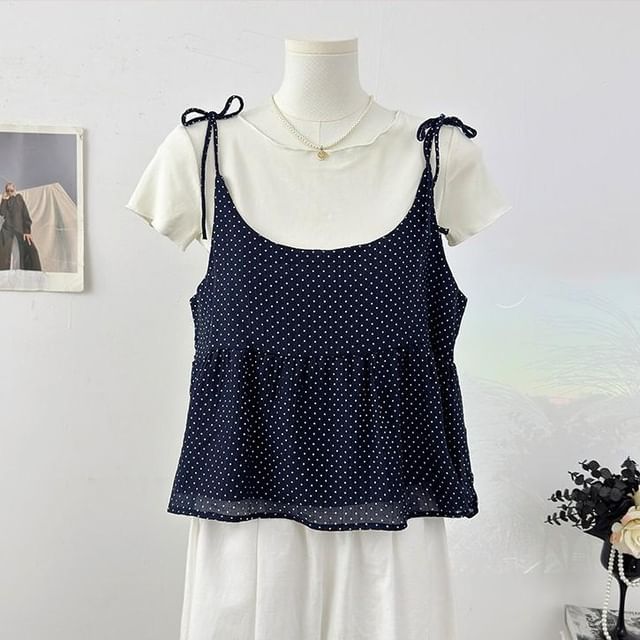 Crew Neck T-Shirt and Scoop Neck Micro Dot Camisole Set