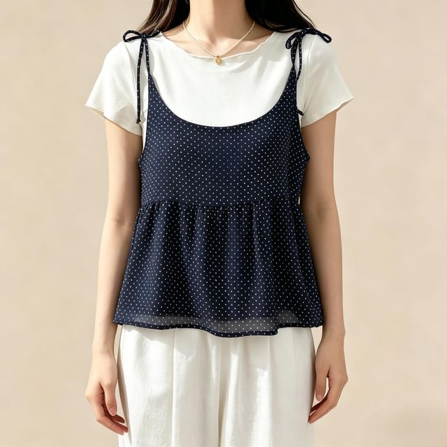 Crew Neck T-Shirt and Scoop Neck Micro Dot Camisole Set