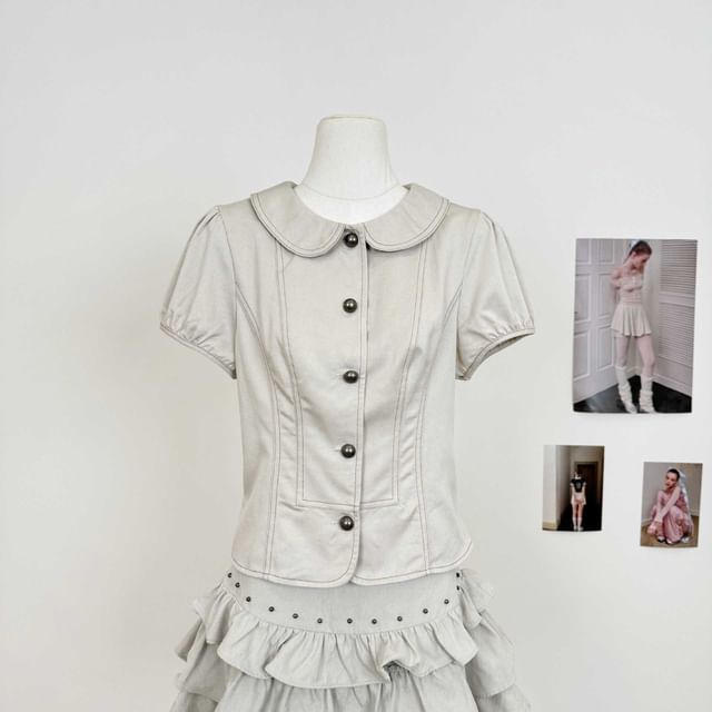 Short-Sleeve Collared Plain Crop Blouse / Mini Tiered Skort