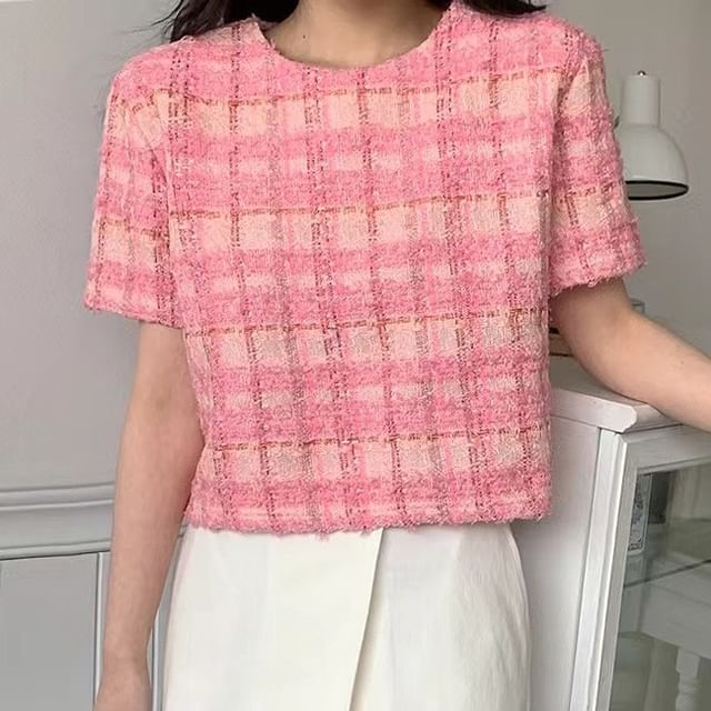 Short-Sleeve Crewneck Plaid Knit Top