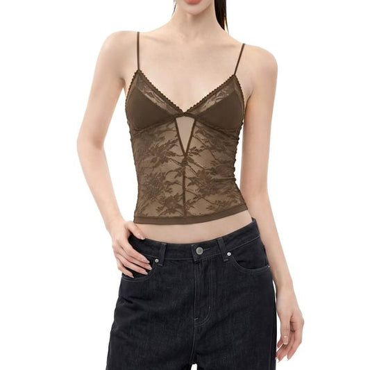 V-Neck Plain Panel Lace Camisole Top
