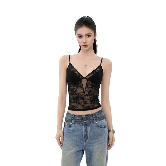 V-Neck Plain Panel Lace Camisole Top