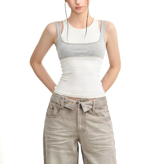 Set: Round Neck Plain Tank Top + Square Neck Crop Tank Top