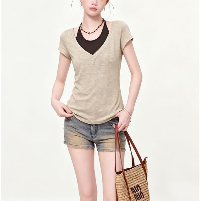 Set: Short Sleeve V-Neck Plain Slim-Fit T-Shirt + Halter Neck Tank Top