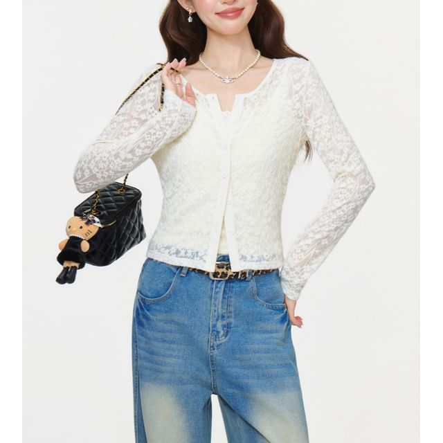 Long Sleeve Lace See-Through Light Cardigan / Plain Tank Top