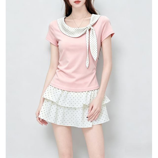 Short Sleeve Polka Dot Panel Knotted Slim-Fit T-Shirt