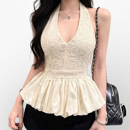 V-Neck Lace Panel Puff Top with Halter Neckline