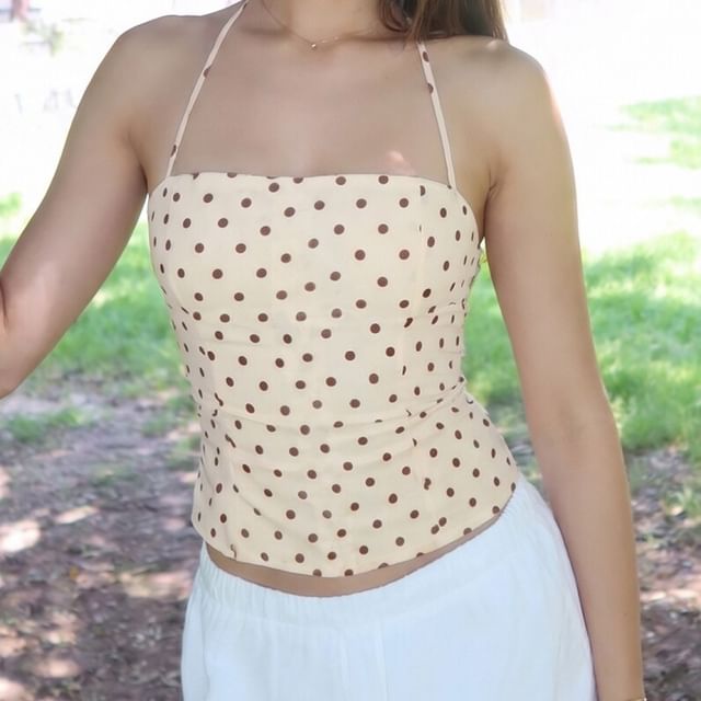 Halter Neck Polka Dot Slim-Fit Crop Camisole Top