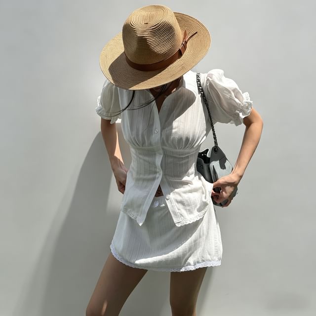 Set: Puff Sleeve Plain Slim-Fit Blouse + Low Waist Mini A-Line Skirt