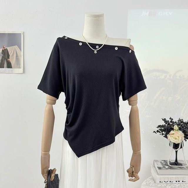 Short-Sleeve Off Shoulder Embellished Asymmetrical Plain T-Shirt