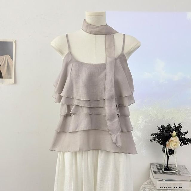 Scoop Neck Ruffle Plain Camisole Top