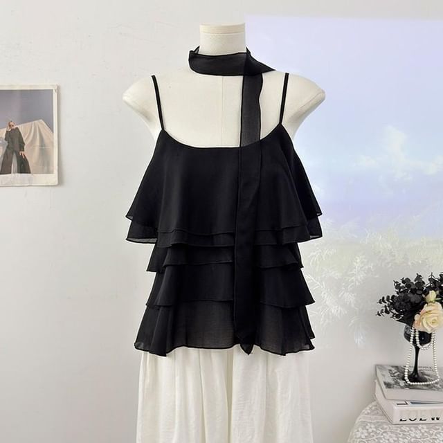 Scoop Neck Ruffle Plain Camisole Top
