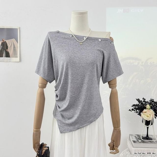 Short-Sleeve Off Shoulder Embellished Asymmetrical Plain T-Shirt