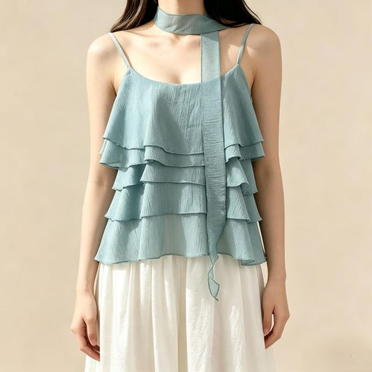 Scoop Neck Ruffle Plain Camisole Top