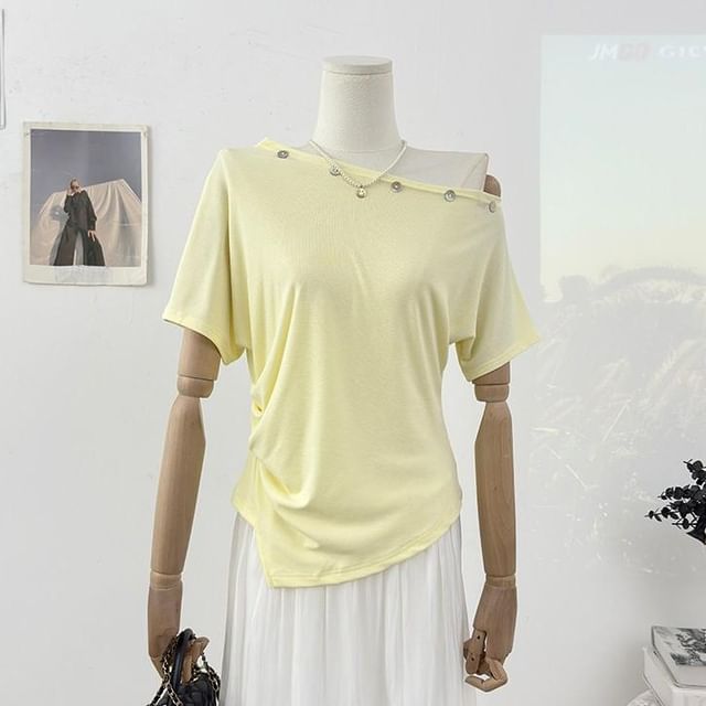 Short-Sleeve Off Shoulder Embellished Asymmetrical Plain T-Shirt