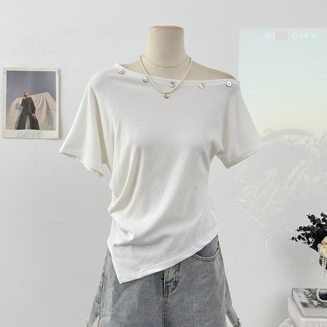 Short-Sleeve Off Shoulder Embellished Asymmetrical Plain T-Shirt
