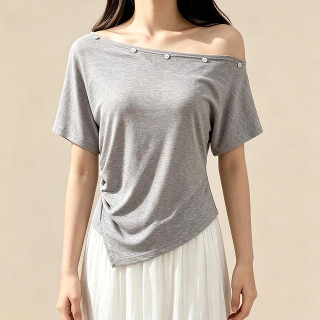 Short-Sleeve Off Shoulder Embellished Asymmetrical Plain T-Shirt