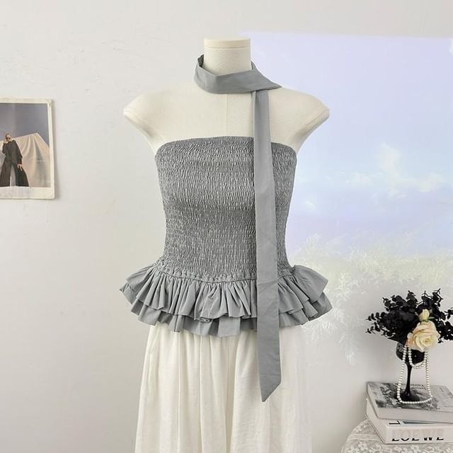 Set: Strapless Smocked Plain Flowy Top + Twilly