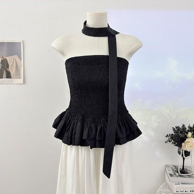 Set: Strapless Smocked Plain Flowy Top + Twilly