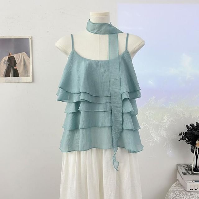 Scoop Neck Ruffle Plain Camisole Top