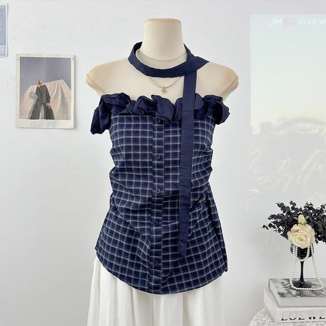 Set: Strapless Ruffle Plaid Top + Twilly