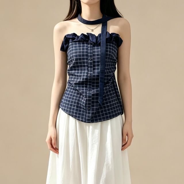 Set: Strapless Ruffle Plaid Top + Twilly