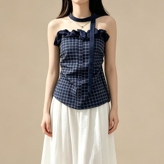 Set: Strapless Ruffle Plaid Top + Twilly
