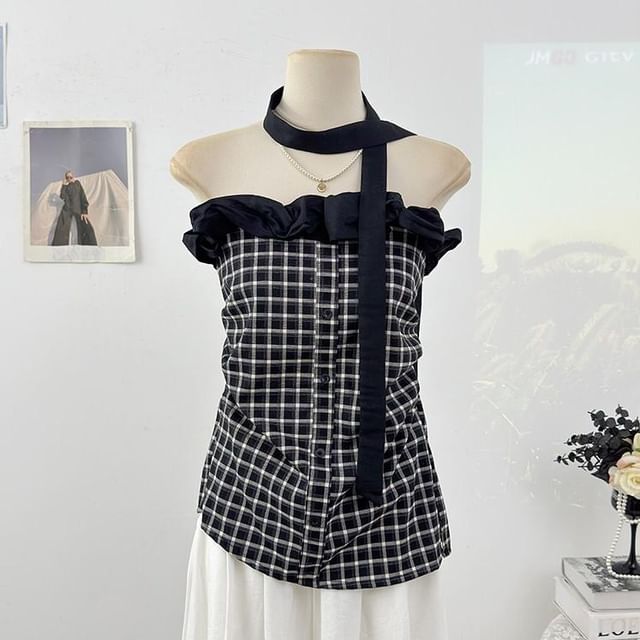 Set: Strapless Ruffle Plaid Top + Twilly