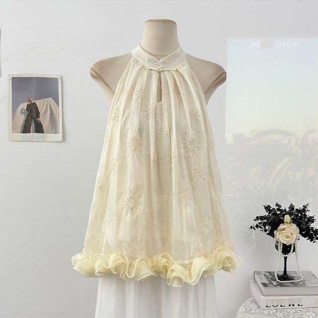 Sleeveless Floral Jacquard Ruffle Plain Top