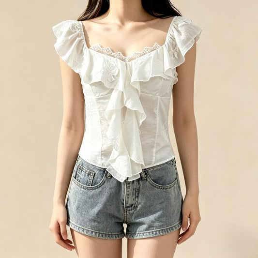 Cap-Sleeve V-Neck Ruffle Plain Top