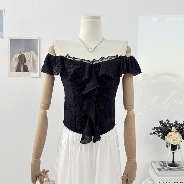 Cap-Sleeve V-Neck Ruffle Plain Top