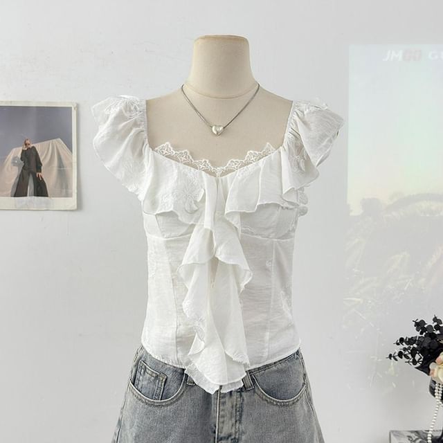 Cap-Sleeve V-Neck Ruffle Plain Top