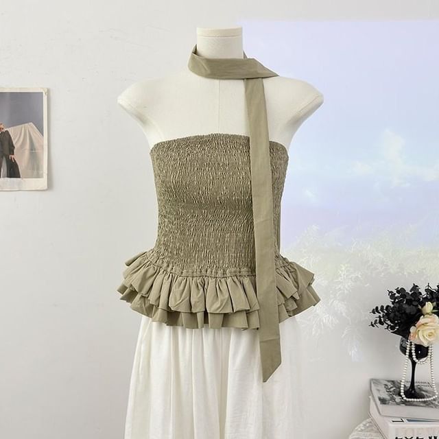 Set: Strapless Smocked Plain Flowy Top + Twilly