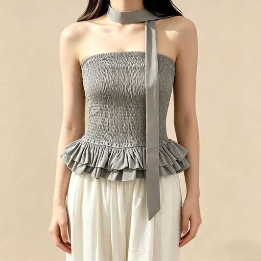 Set: Strapless Smocked Plain Flowy Top + Twilly