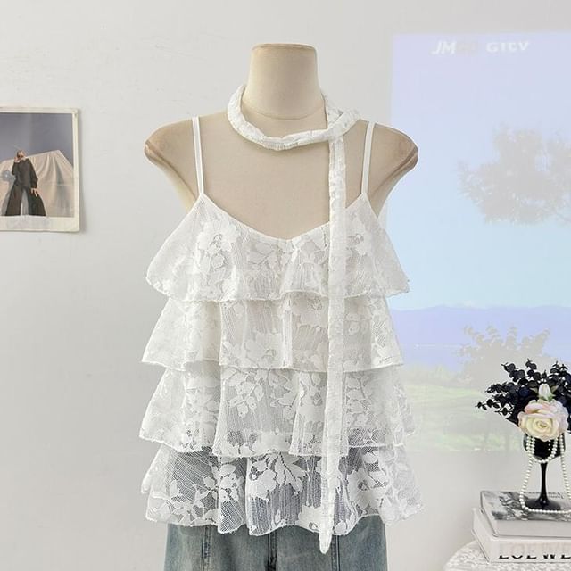 Set: V-Neck Lace Camisole Top + Twilly