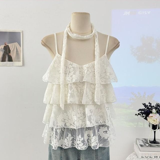 Set: V-Neck Lace Camisole Top + Twilly