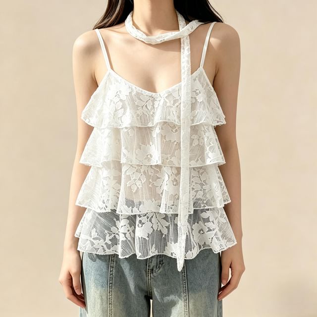 Set: V-Neck Lace Camisole Top + Twilly
