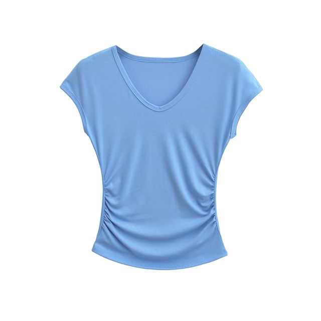 Cap-Sleeve V-Neck Plain Ruched Crop T-Shirt