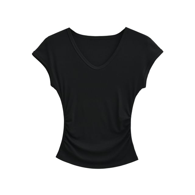 Cap-Sleeve V-Neck Plain Ruched Crop T-Shirt