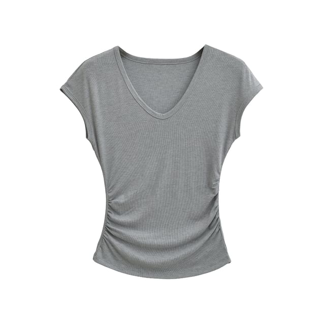Cap-Sleeve V-Neck Plain Ruched Crop T-Shirt