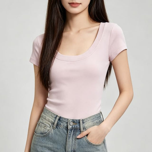Short-Sleeve Scoop Neck Plain Crop T-Shirt