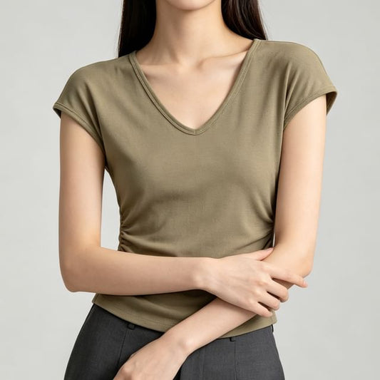 Cap-Sleeve V-Neck Plain Ruched Crop T-Shirt