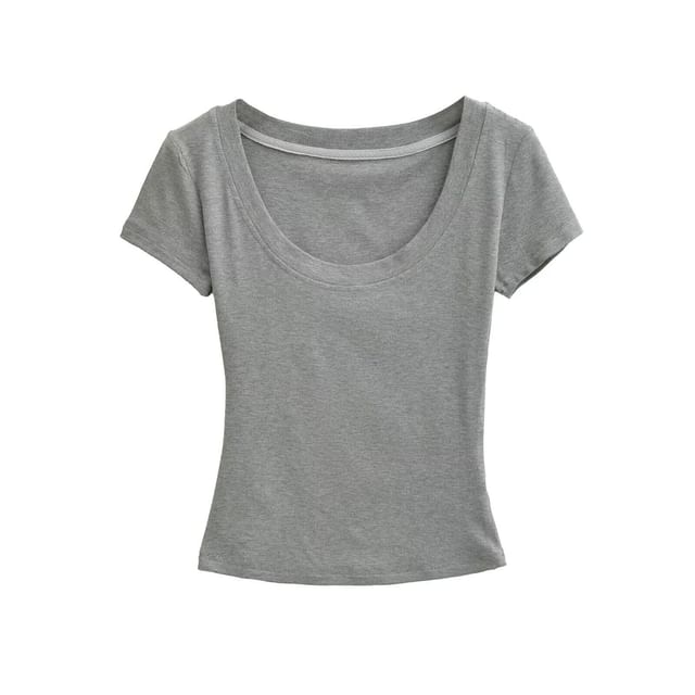 Short-Sleeve Scoop Neck Plain Crop T-Shirt