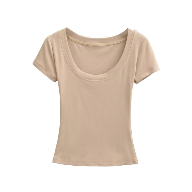 Short-Sleeve Scoop Neck Plain Crop T-Shirt
